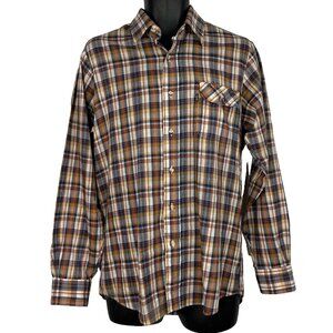 Vintage 70s Levi's Action Shirt Size M Brown Blue Plaid Long Sleeve Button Up
